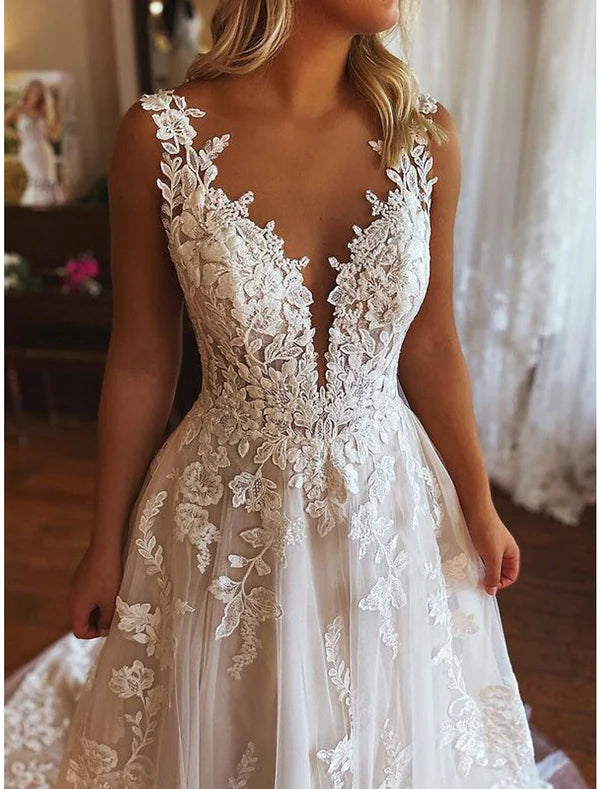 Luolandi Engagement Formal Wedding Dresses A-Line V Neck Sleeveless Chapel Train Lace Bridal Gowns With Appliques Sexy