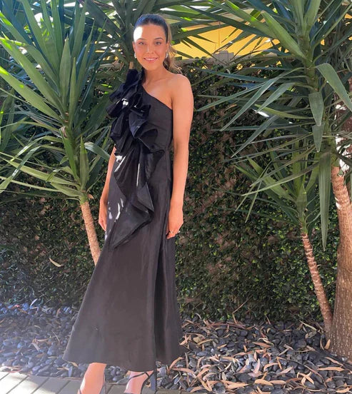 Luolandi Black A-Line One Shoulder Ruffle Formal Party Dress Elegant Evening Dress