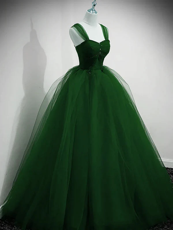 Luolandi Beaded Tulle Off Shoulder Long Party Dress Tulle A-line Prom Dress Ball Gown Quinceanera Dress Green