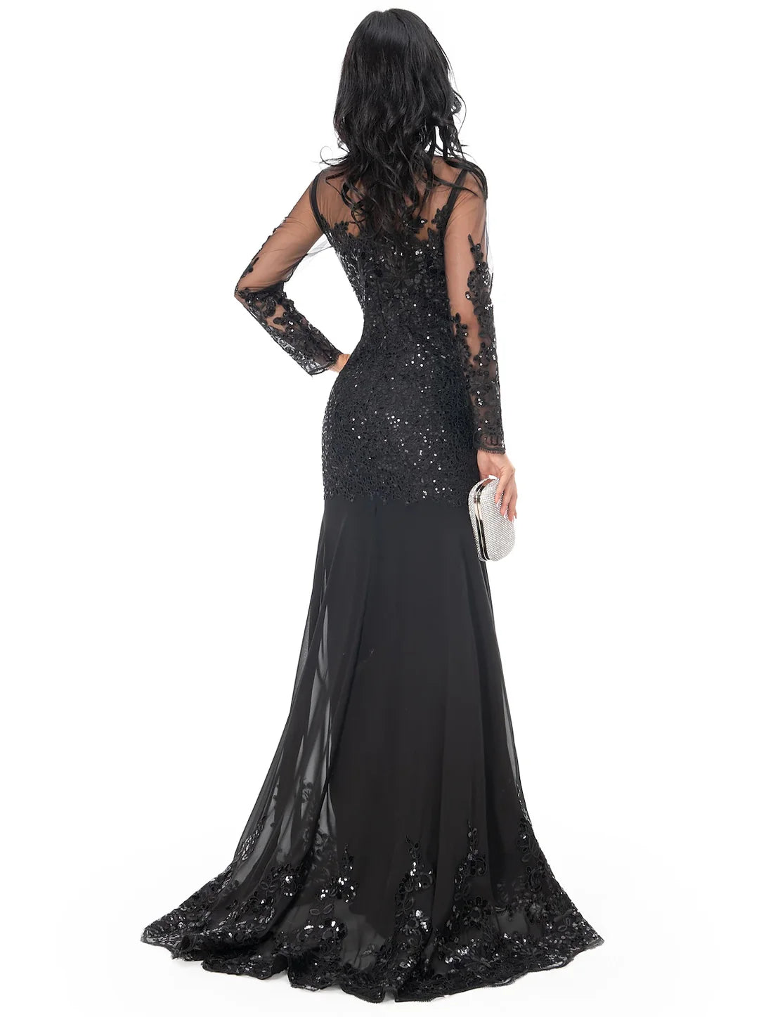 Luolandi Mermaid Black Dress Evening Gown Sequin Prom Dress Sparkle Formal Gown Sweep / Brush Train Long Sleeve Illusion Neck Lace with Appliques Elegant