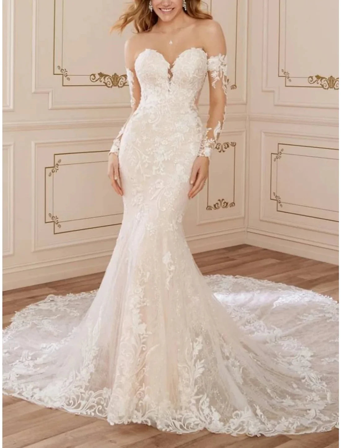 Luolandi Formal Wedding Dresses Mermaid / Trumpet Sweetheart Long Sleeve Court Train Lace Bridal Gowns With Pleats