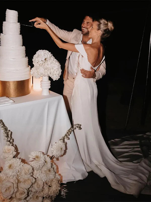 Luolandi Sheath/Column Crepe Ruched Off-the-Shoulder Sleeveless Chapel Train Wedding Dresses With Slit Without Wedding Veil