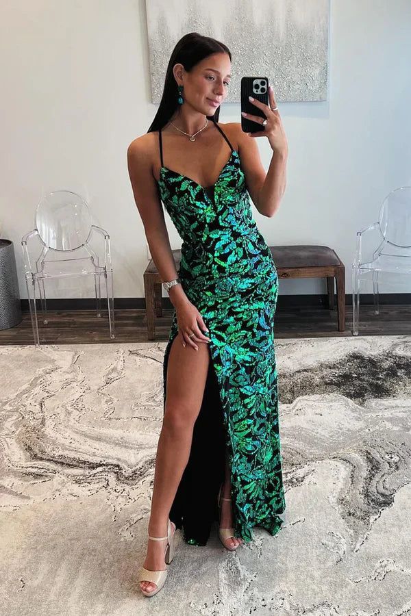 Luolandi Dark Green V Neck Sequins Mermaid Long Prom Dresses with Slit Sparkly Evening Dress