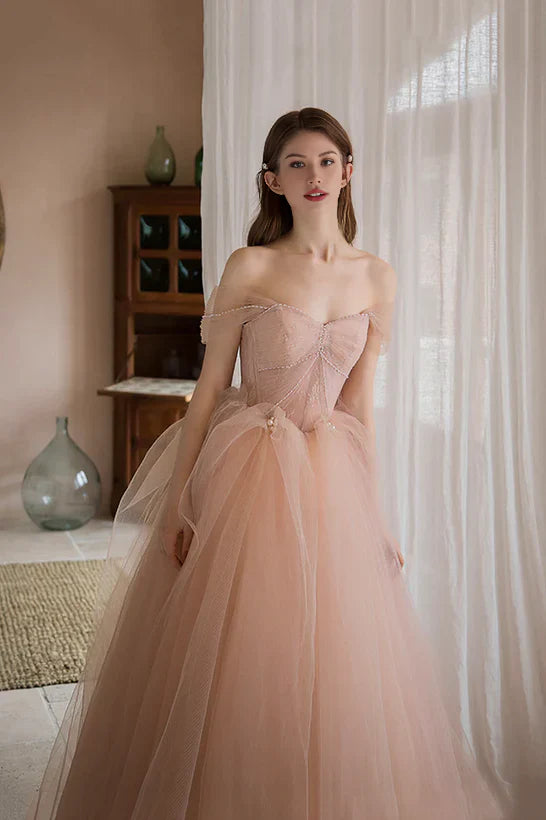 Luolandi Off Shoulder Pink Tulle Long Formal Dress A-line Princess Prom Dress Evening Dress Beautiful