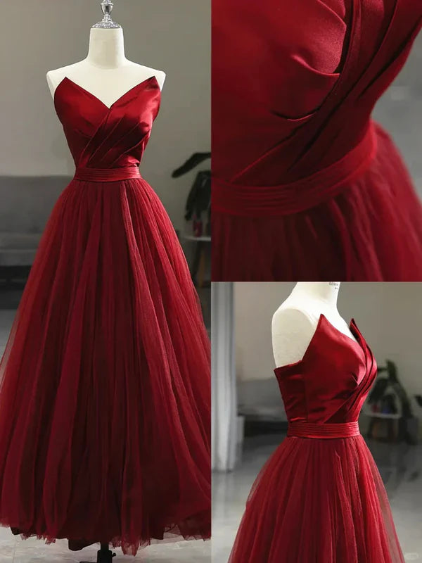 Luolandi Wine Red Tea Length Tulle V-neckline Prom Dress Tulle Party Dress Sexy Evening Dress