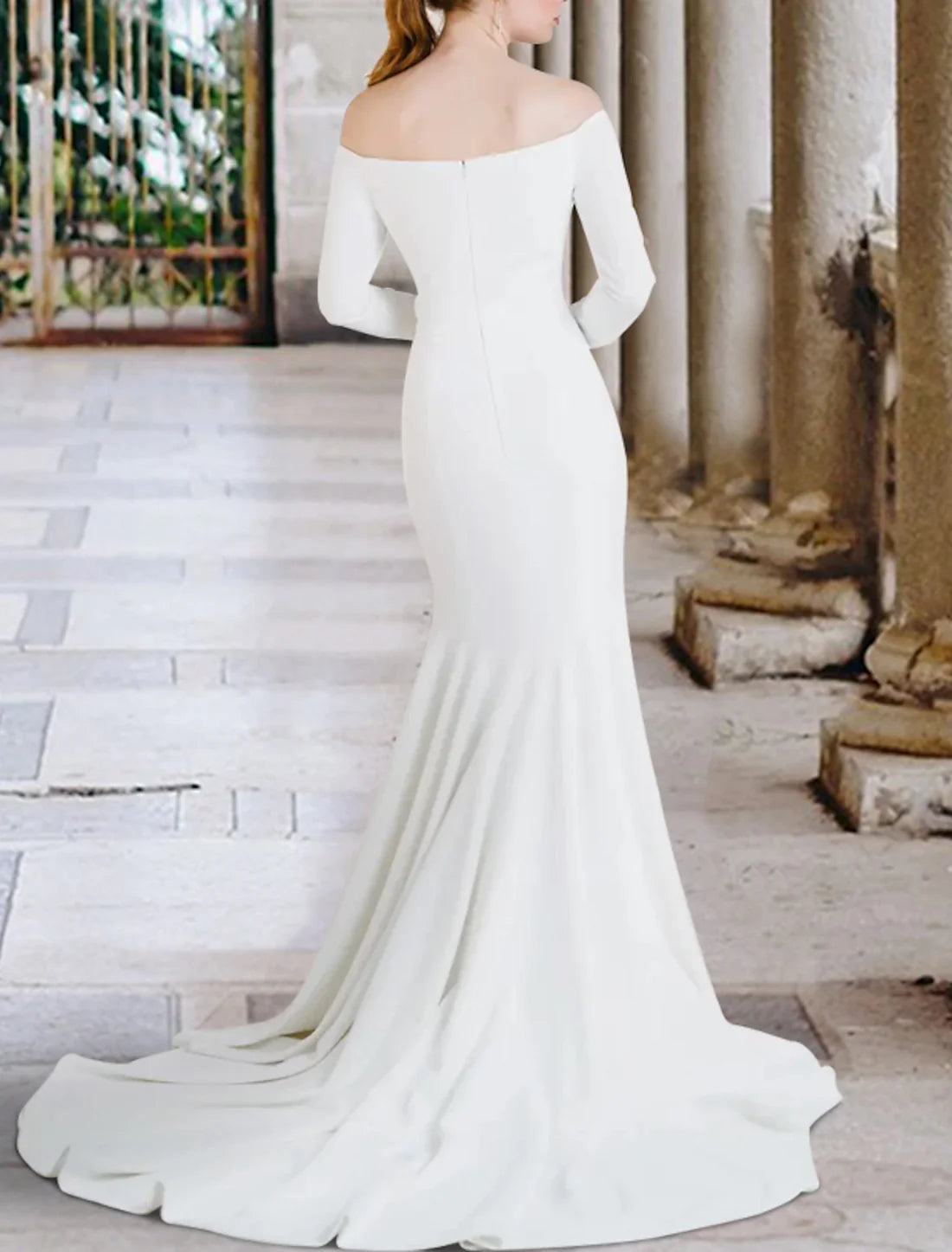 Luolandi Simple Wedding Dresses Mermaid / Trumpet Off Shoulder Long Sleeve Court Train Fabric Bridal Gowns Ivory