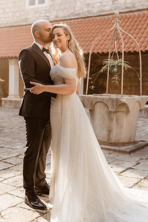 Luolandi Sparkly Mermaid Off the Shoulder Sequins Wedding Dresses Beautiful