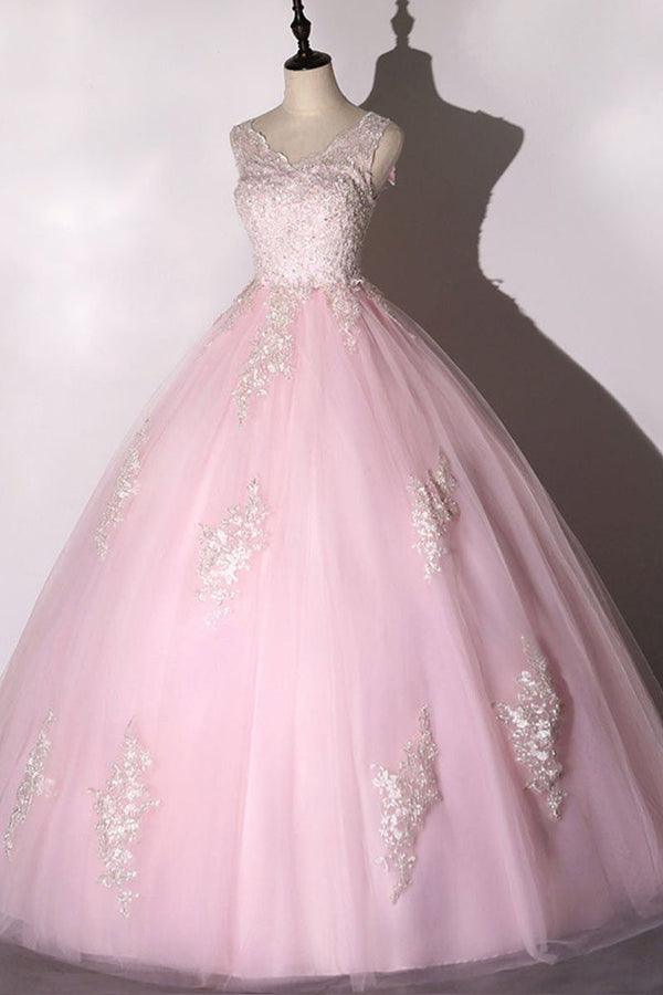 Luolandi Ball Gown Tulle Applique Prom Dress A Line Floor Length Pink Beautiful