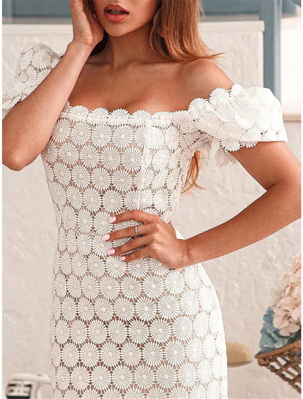 Luolandi Women's Sequin Dress Party Dress Lace Dress Midi Dress Black Short Sleeve Plain Lace Square Neck Elegant Cocktail Dress