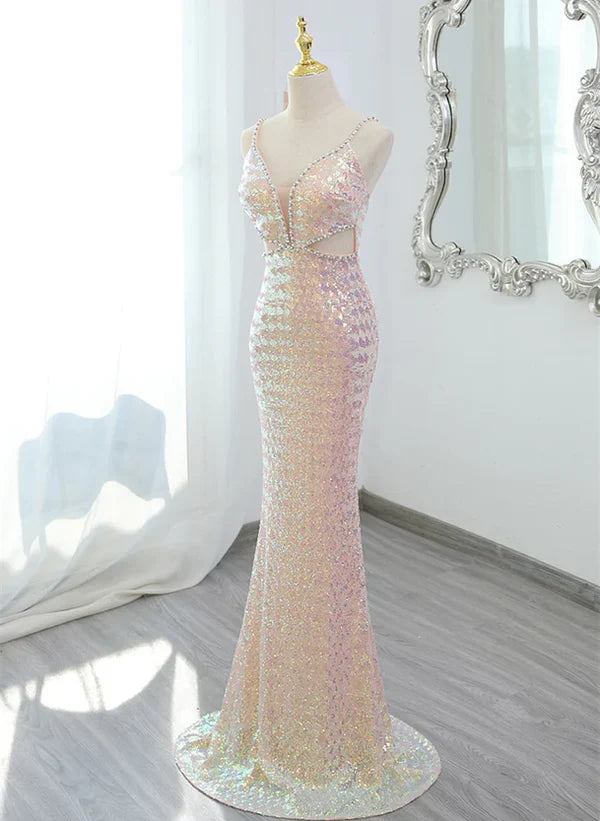 Luolandi Lovely Sequins Mermaid V-neckline Straps Party Dress Sequins Long Formal Dress Sparkly Evening Dress