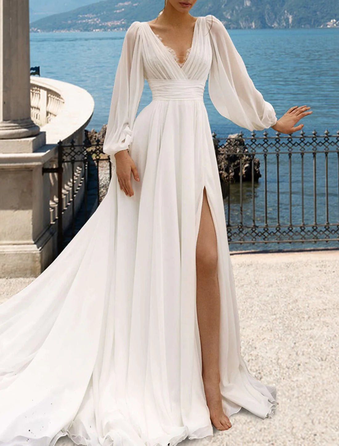 Luolandi Beach Sexy Wedding Dresses A-Line V Neck Long Sleeve Court Train Chiffon Bridal Gowns With Pleats Split