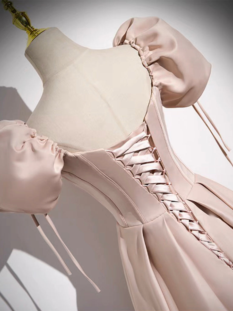 Luolandi Simple Champagne Pink Satin Long Prom Dress Long Formal Dress Short Sleeves Evening Dress