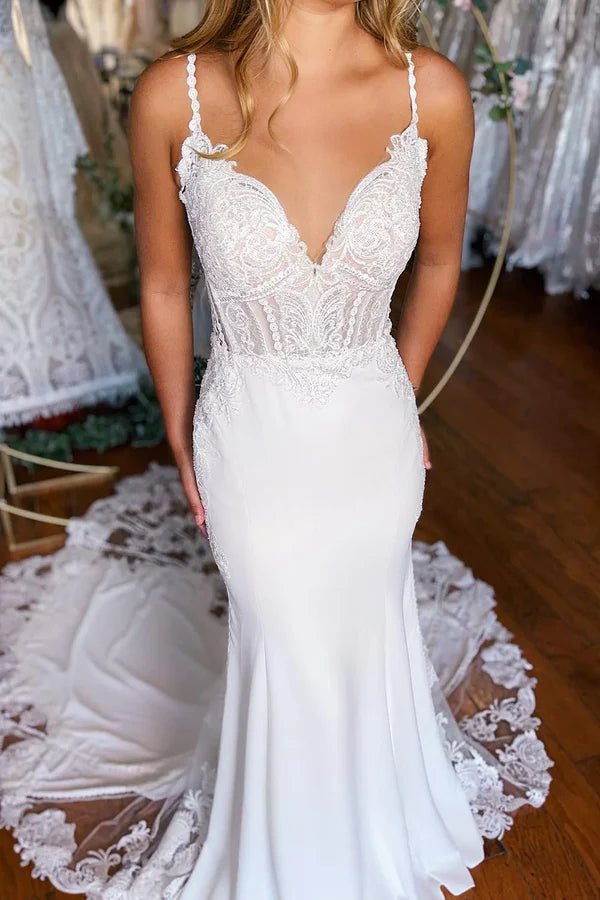 Luolandi Boho Mermaid Spaghetti Straps Lace Long Wedding Dress Beautiful