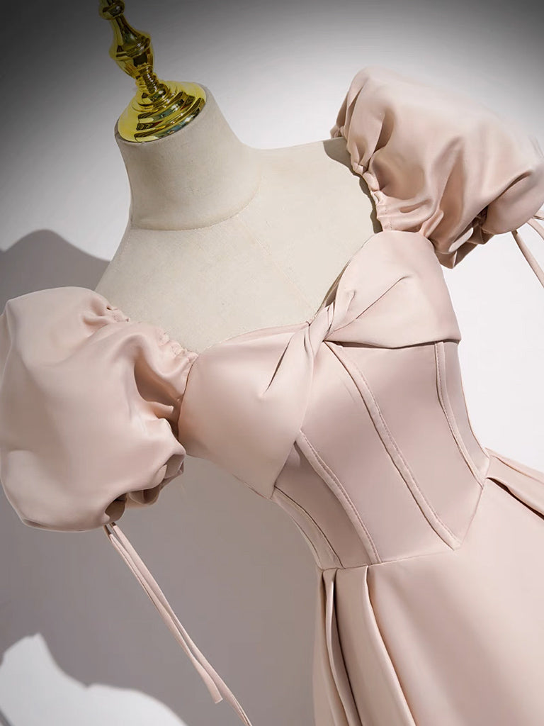 Luolandi Simple Champagne Pink Satin Long Prom Dress Long Formal Dress Short Sleeves Evening Dress