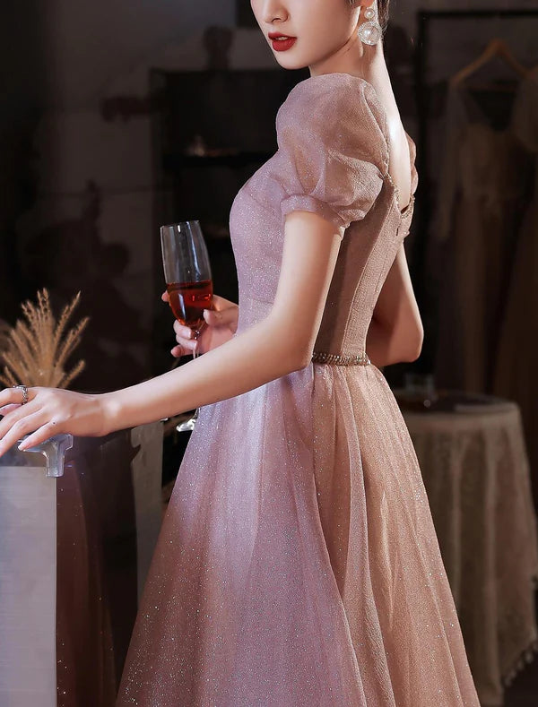 Luolandi A-Line Beautiful Back Elegant Prom Formal Evening Birthday Dress Sweetheart Neckline Short Sleeve Floor Length Lace with Beading