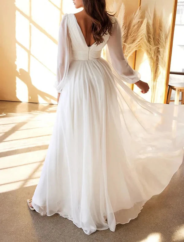 Luolandi Little Dresses Simple Wedding Dresses A-Line V Neck Long Sleeve Floor Length Chiffon Bridal Gowns