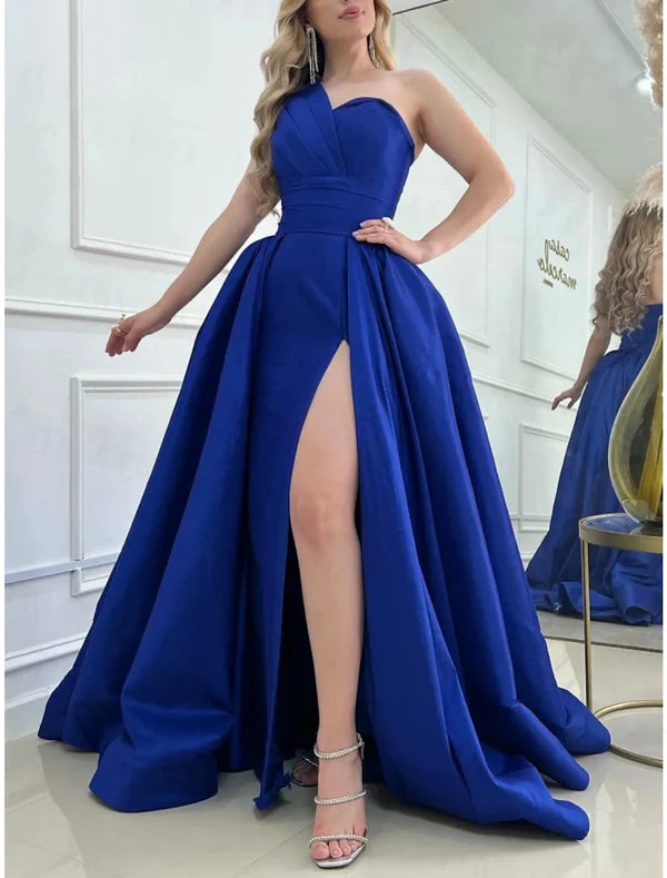Luolandi A-Line Prom Dresses Elegant Dress Formal Sweep / Brush Train Sleeveless One Shoulder Satin with Pleats Slit Evening Dress