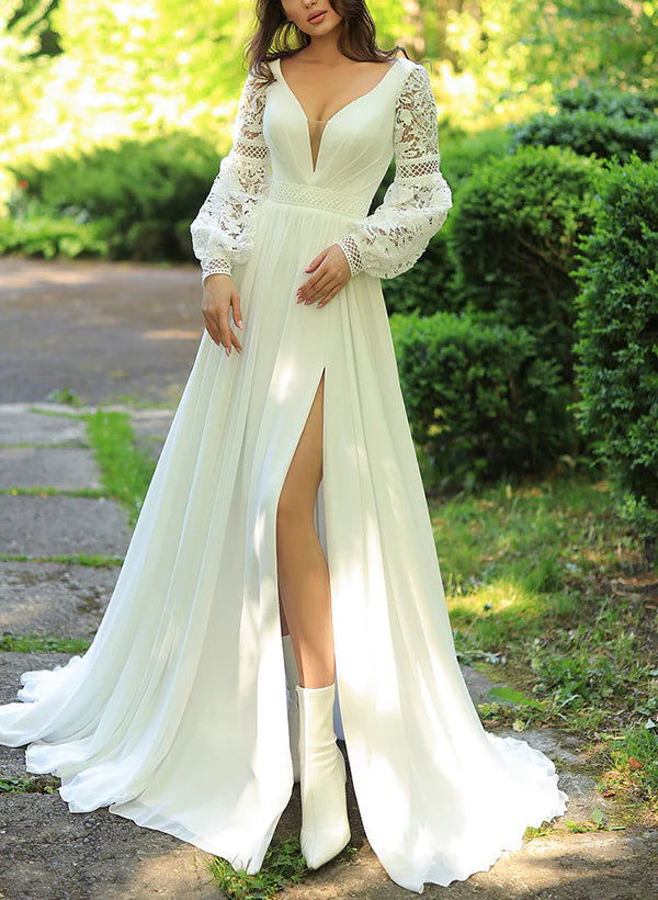 Luolandi Sweep Train Chiffon/Lace Wedding Dress With A-Line V-Neck And Long Sleeves Formal Dress With Slit