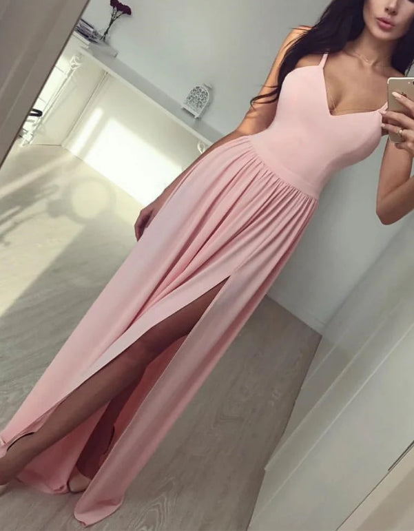 Luolandi Fabulous Satin Spaghetti Straps A-line Prom Dresses With Slit Sexy Party Dresses Formal Dress