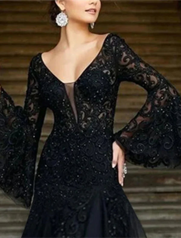 Luolandi A-Line Evening Gown Black Dress Vintage Formal Wedding Guest Floor Length Long Sleeve V Neck Lace with Appliques Elegant