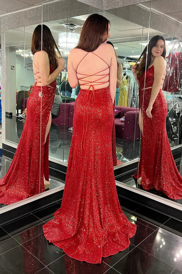 Luolandi Red V Neck Sequins Two Piece Long Prom Dresses Sparkly Evening Dress With Slit