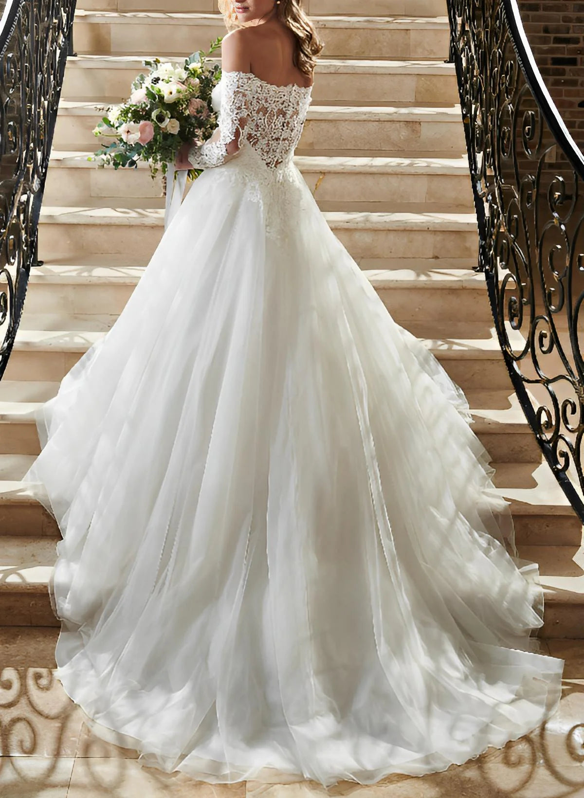 Luolandi Off-The-Shoulder Lace Wedding Dresses With Tulle And Long Sleeves Floor Length Elegant