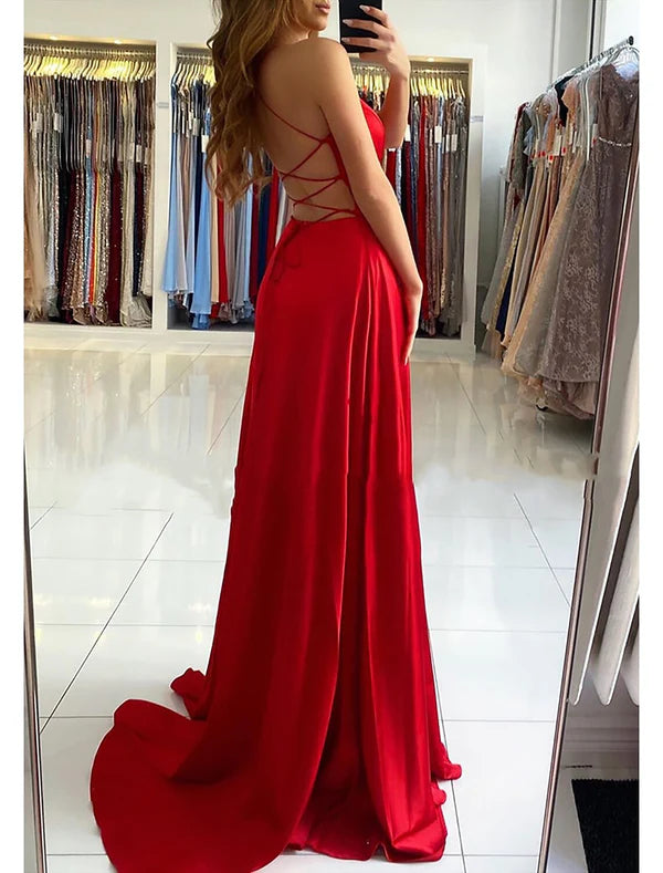 Luolandi A-Line Prom Dresses Empire Dress Formal Prom Sweep / Brush Train Sleeveless V Neck Imitation Silk Backless with Pleats Slit Sexy Party Dress