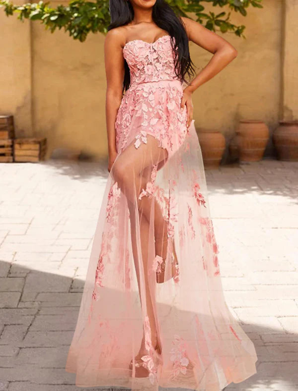 Luolandi A-Line Prom Dresses Floral Dress Party Wear Wedding Party Floor Length Sleeveless Strapless Wednesday Addams Family Lace with Appliques Off Shoulder