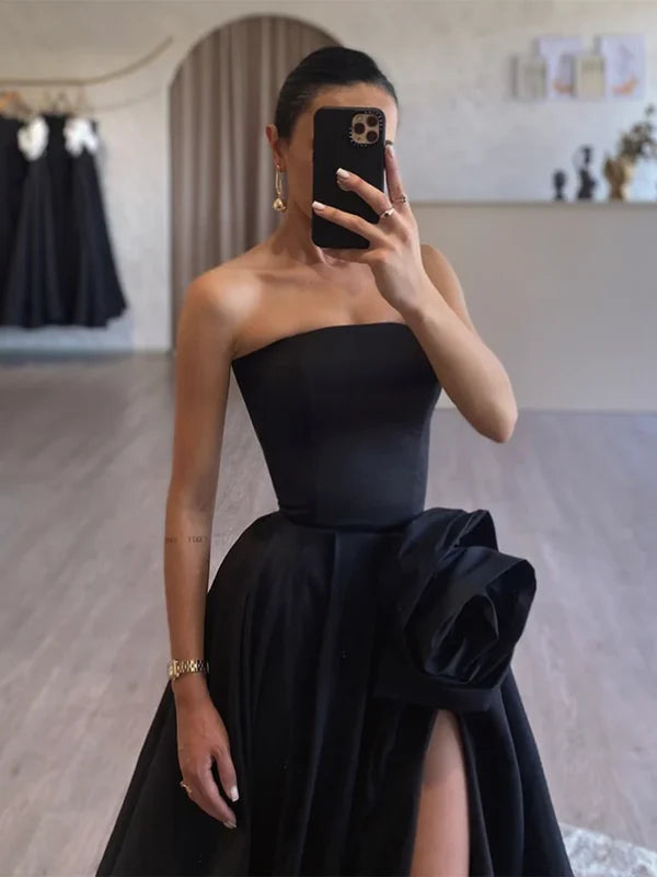 Luolandi A-Line Satin Strapless Black Long Prom Dress Formal Dress With Slit Evening Dress