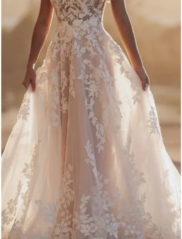 Luolandi Beach Formal Wedding Dresses A-Line Square Neck Sleeveless Sweep / Brush Train Lace Bridal Gowns with Appliques