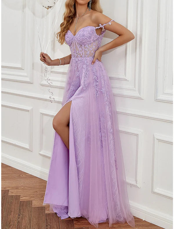 Luolandi A-Line Prom Party Dress See Through Dress Formal Prom Sweep / Brush Train Sleeveless Sweetheart Tulle Backless with Slit Appliques