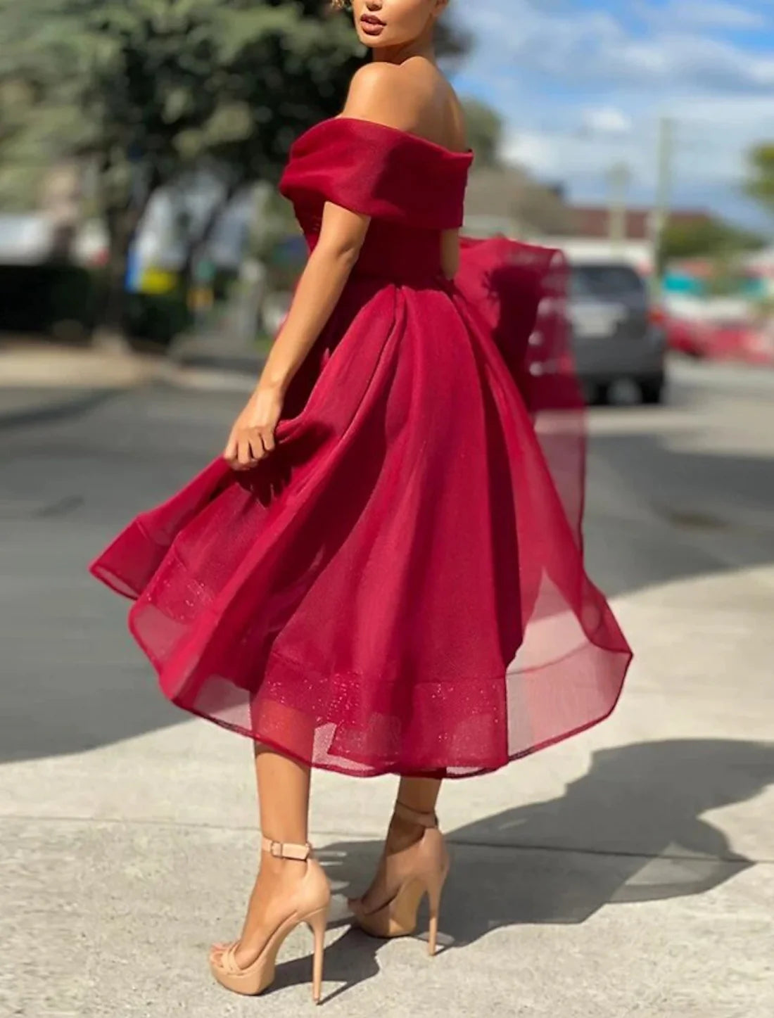 Luolandi A-Line Cocktail Dresses Vintage Dress Wedding Guest Tea Length Sleeveless Off Shoulder Tulle with Pleats Sexy Party Dress