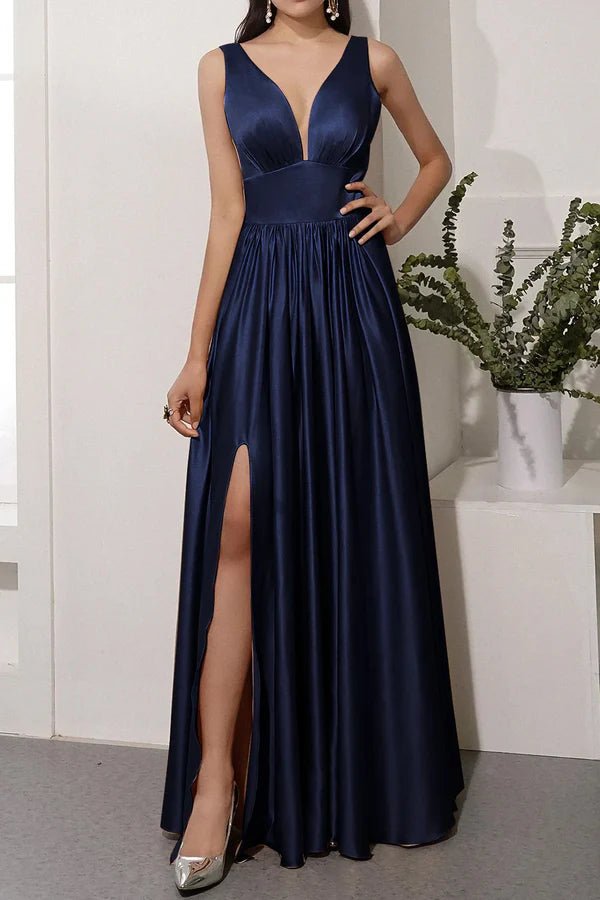 Luolandi Off shoulder satin backless and floor length front slit prom dress Sexy Evening Dress