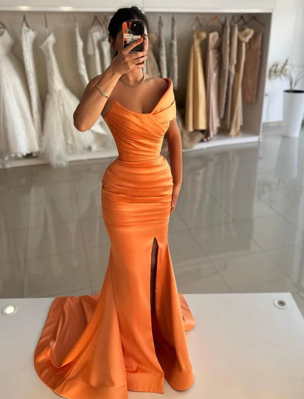 Luolandi Mermaid / Trumpet Prom Dresses Elegant Dress Formal Prom Floor Length Sleeveless Off Shoulder Satin with Ruched Slit Evening Dress