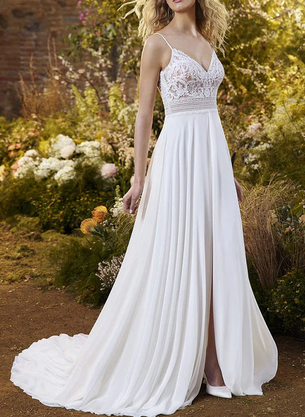 Luolandi A-Line V-Neck Tulle Wedding Dresses With Split Front/Appliques Lace Formal Dress Elegant