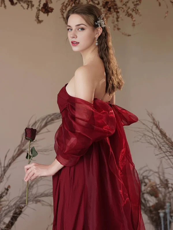 Luolandi Simple Off Shoulder Satin Burgundy Long Floor-length Prom Dress Evening Dress With Slit