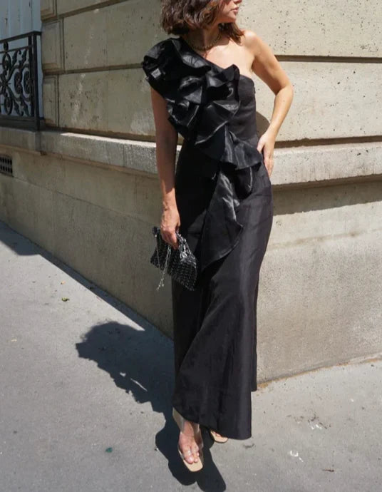 Luolandi Black A-Line One Shoulder Ruffle Formal Party Dress Elegant Evening Dress