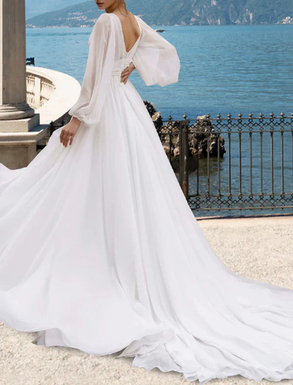 Luolandi Beach Sexy Wedding Dresses A-Line V Neck Long Sleeve Court Train Chiffon Bridal Gowns With Pleats Split