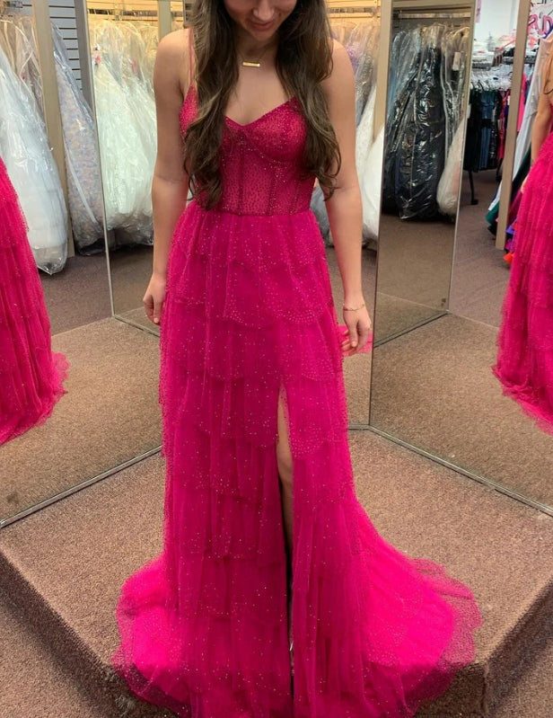 Luolandi Fuchsia Shiny Layers Spaghetti Straps Long Prom Dress Evening Dress With Slit
