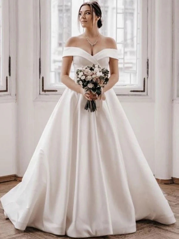 Luolandi A-Line/Princess Satin Ruffles Off-the-Shoulder Sleeveless Sweep/Brush Train Wedding Dresses Sexy