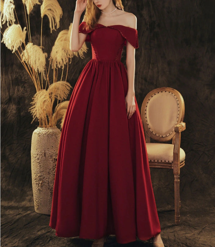 Luolandi A-Line Off Shoulder Satin Burgundy Long Prom Dress Formal Evening Dress december wedding guest dress