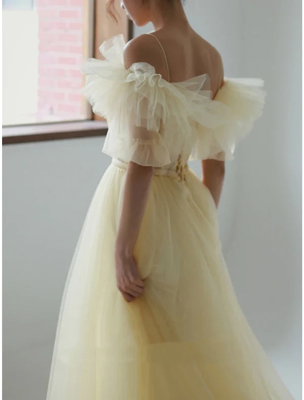 Luolandi A-Line Evening Gown Elegant Dress Formal Sweep / Brush Train Short Sleeve V Neck Chiffon with Pleats Ruffles Prom Dress