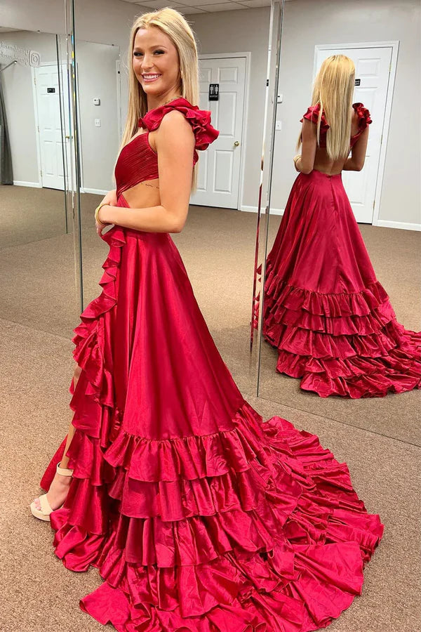 Luolandi Charming Cutout Ruffle A-Line Long Prom Dress with Slit Sexy Evening Party Dress