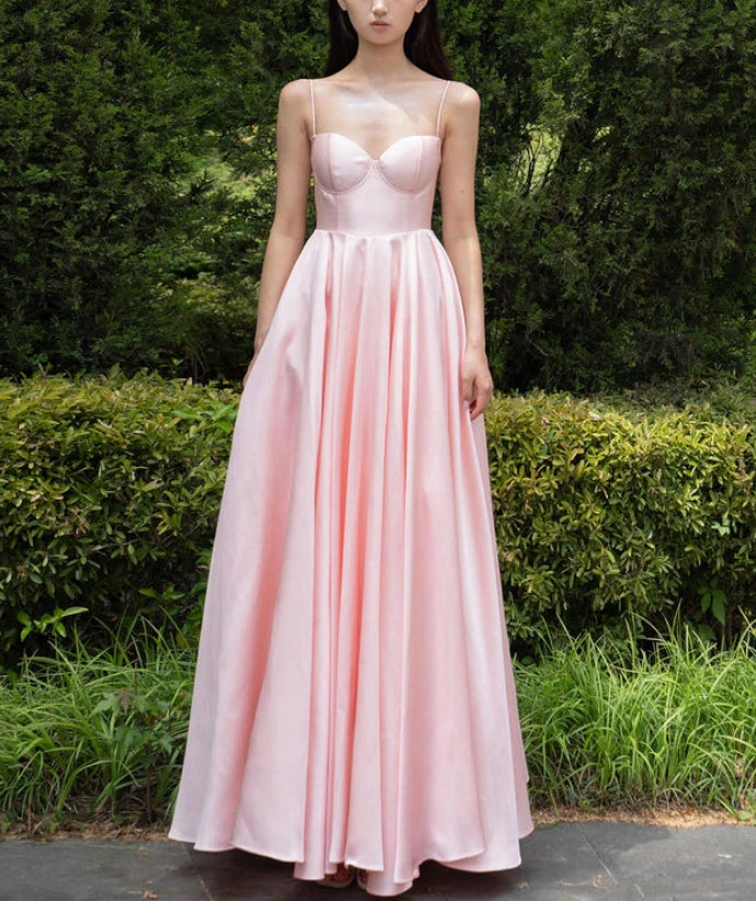 Luolandi A-Line Satin Floor Length Prom Dress Pink Spaghetti Strap Evening Party Dress Sexy