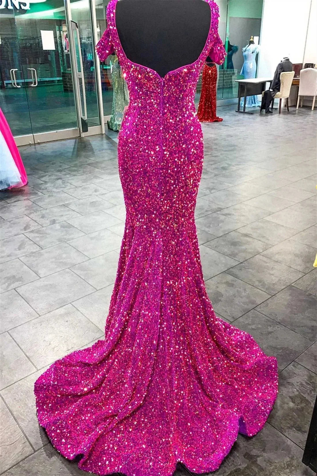 Luolandi Mermaid Off-the-Shoulder Fuchsia Sequins Long Prom Dress Sparkly Evening Dress