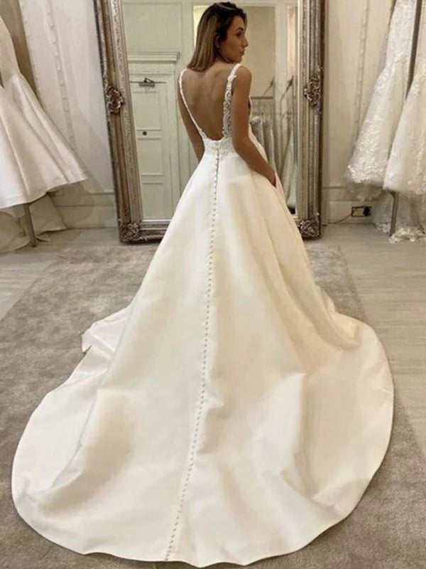 Luolandi A-Line/Princess Satin Lace V-neck Sleeveless Sweep/Brush Train Wedding Dresses Open Back