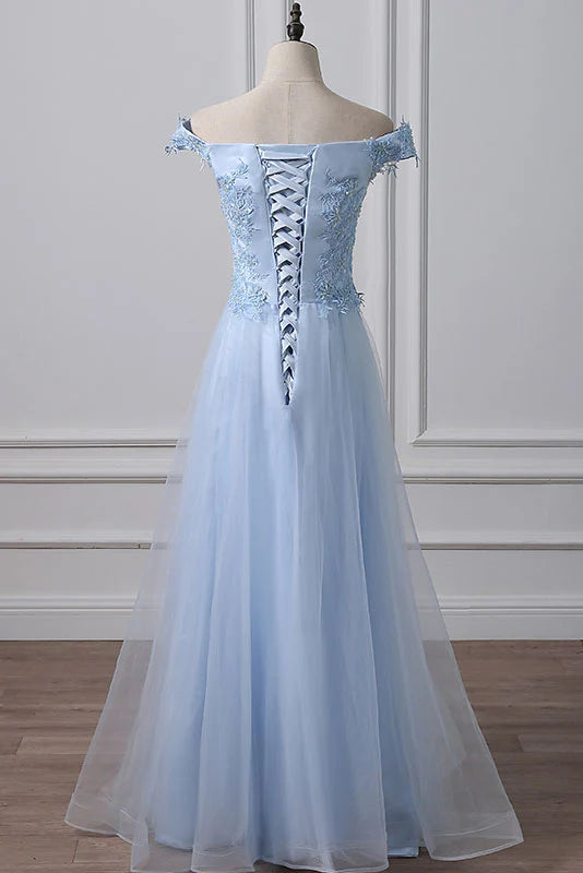 Luolandi Light Blue tulle lace off shoulder long prom dress evening dress with Appliques december wedding guest dress