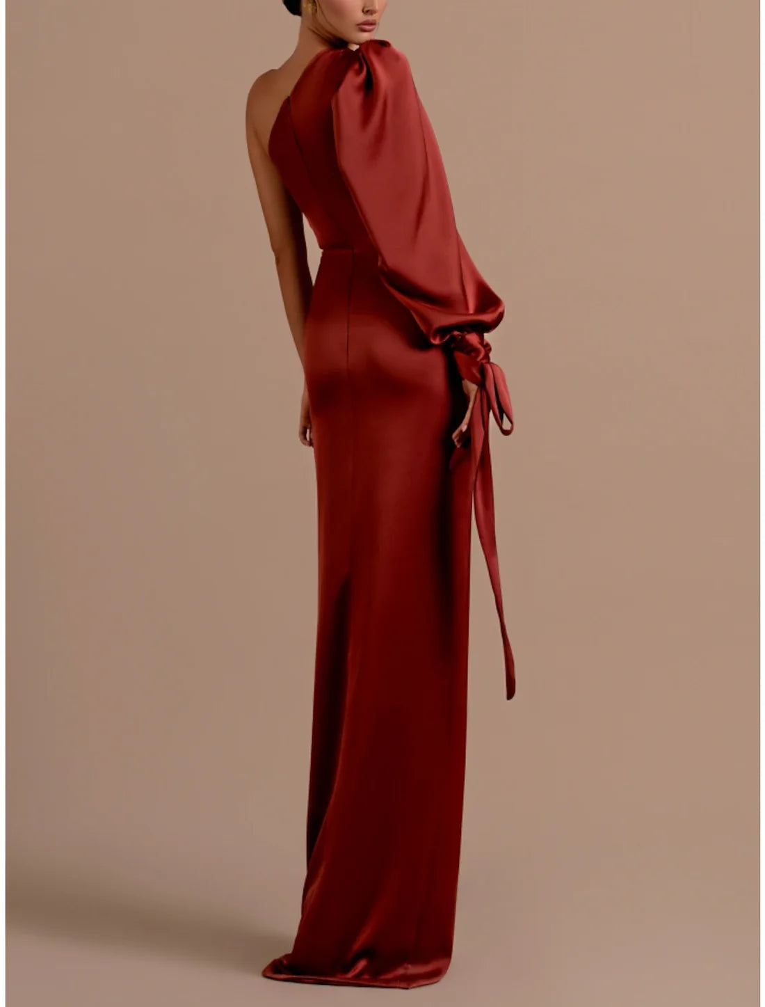 Luolandi A-Line Evening Gown Elegant Dress Formal Sweep / Brush Christmas Red Green Dress Train Long Sleeve One Shoulder Satin with Feather Ruched Strappy Party Dress