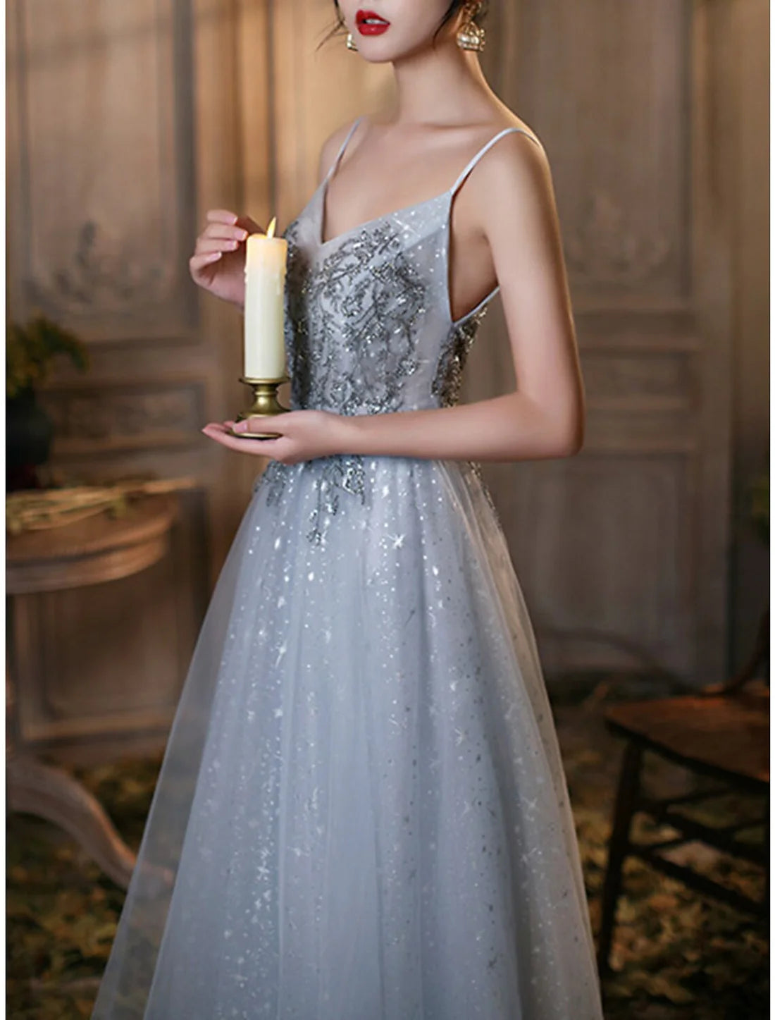 Luolandi A-Line Sparkle Elegant Prom Formal Evening Dress V Neck Sleeveless Floor Length Tulle with Pleats Beading Beautiful