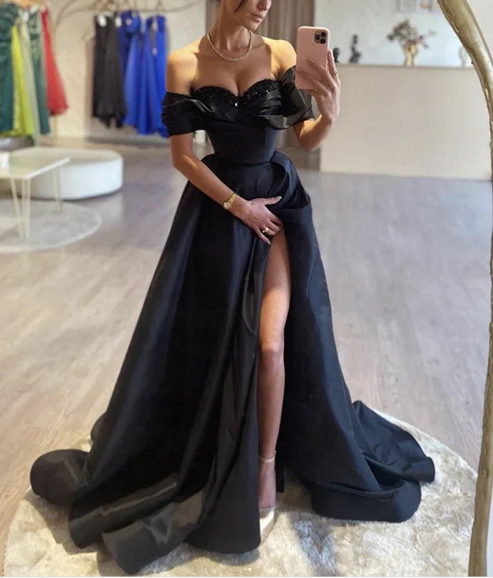 Luolandi Black A-Line Off Shoulder Satin Long Prom Dress Evening Dress With Slit Charming